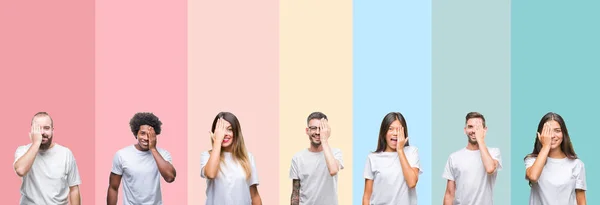 Collage Different Ethnics Young People Wearing White Shirt Colorful Isolated — Stock Photo, Image