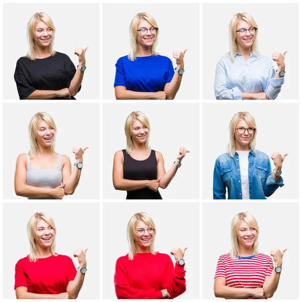 Collage of beautiful blonde woman wearing differents casual looks over isolated background smiling with happy face looking and pointing to the side with thumb up.