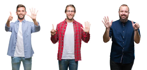 Collage Van Groep Jonge Mannen Witte Geïsoleerde Achtergrond Weergeven Met — Stockfoto