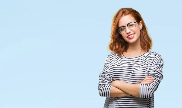 Joven Hermosa Mujer Sobre Fondo Aislado Con Gafas Cara Feliz — Foto de Stock