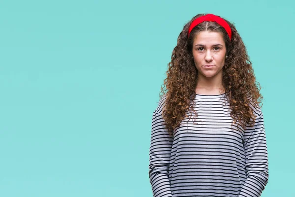 Mooie Brunette Krullend Haar Jong Meisje Strepen Trui Dragen Geïsoleerde — Stockfoto