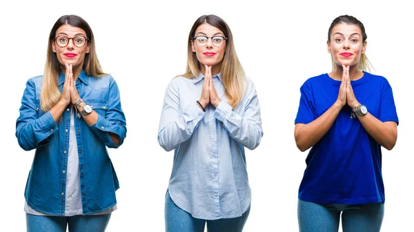 Коллаж Молодой Красивой Женщины Очках Изолированном Фоне Молящейся Руками Вместе — стоковое фото