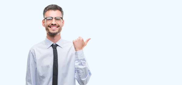 Young Business Man Pointing Showing Thumb Side Happy Face Smiling — Stock Photo, Image