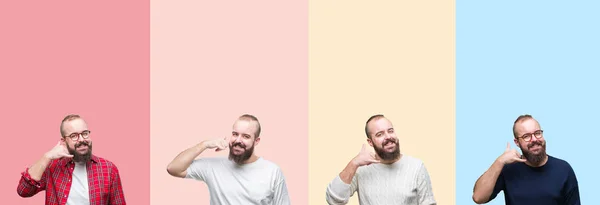 Renkli Şeritler Üzerinde Sakallı Genç Adam Kolaj Izole Arka Plan — Stok fotoğraf