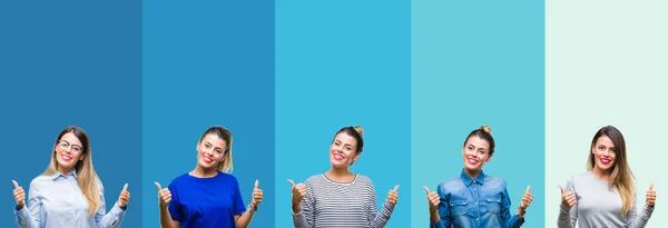 Collage Van Jonge Mooie Vrouw Blauw Strepen Geïsoleerde Achtergrond Succes — Stockfoto