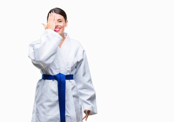 Jovem Mulher Bonita Vestindo Uniforme Karatê Quimono Sobre Fundo Isolado — Fotografia de Stock