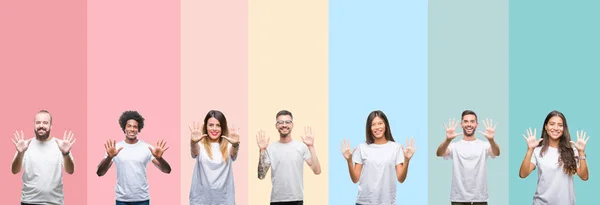 Collage Van Verschillende Etniciteit Jongeren Dragen Witte Shirt Kleurrijke Geïsoleerde — Stockfoto