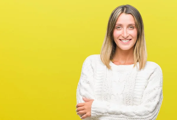 Giovane Bella Donna Indossa Maglione Invernale Sfondo Isolato Volto Felice — Foto Stock