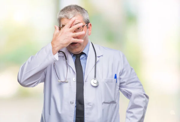 Handsome Senior Doctor Man Isolated Background Peeking Shock Covering Face — Stock Photo, Image