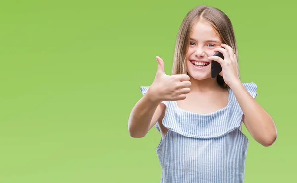 Mooi Meisje Praten Aan Telefoon Geïsoleerde Achtergrond Blij Met Grote — Stockfoto