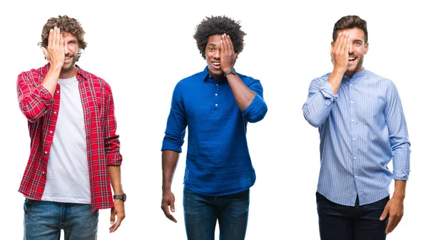 Collage Grupp Afroamerikanska Och Spansktalande Män Över Isolerade Bakgrund Som — Stockfoto
