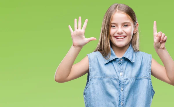 Mooi Meisje Geïsoleerde Achtergrond Weergeven Met Vingers Omhoog Nummer Zes — Stockfoto