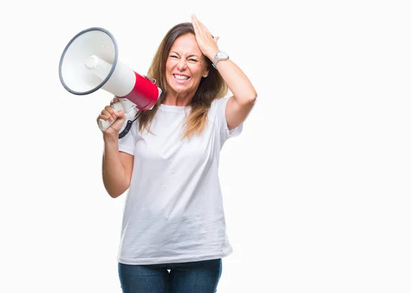 Middle Age Hispanic Woman Yelling Megaphone Isolated Background Stressed Hand — Stock Photo, Image