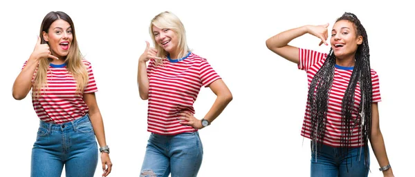 Collage Mujeres Jóvenes Con Rayas Camiseta Sobre Fondo Aislado Sonriendo —  Fotos de Stock