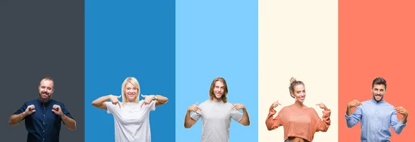 Collage Giovani Casual Strisce Colorate Sfondo Isolato Guardando Fiducioso Con — Foto Stock