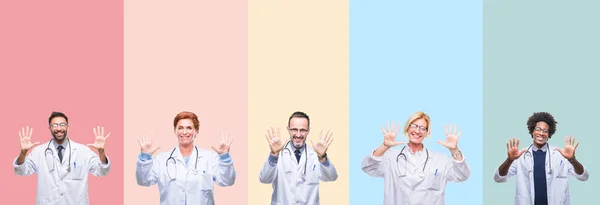 Collage Médicos Profesionales Sobre Rayas Colores Fondo Aislado Mostrando Apuntando — Foto de Stock