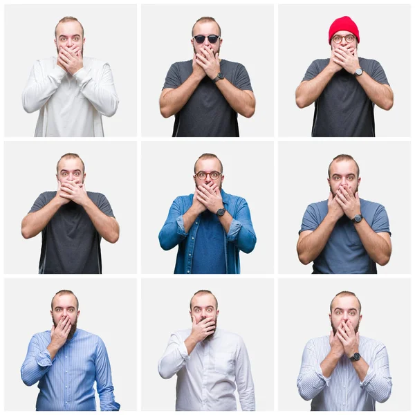 Collage Young Man Isolated Background Shocked Covering Mouth Hands Mistake — Stock Photo, Image