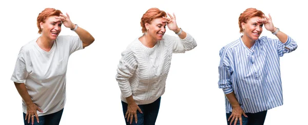 Collage Medelåldern Senior Kvinna Över Vita Isolerade Bakgrund Mycket Glad — Stockfoto