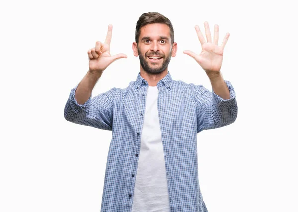 Gösterilen Parmakları Ile Işaret Izole Arka Plan Üzerinde Beyaz Shirt — Stok fotoğraf