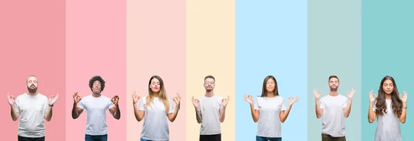 Collage Different Ethnics Young People Wearing White Shirt Colorful Isolated — Stock Photo, Image