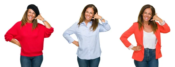 Colagem Bela Mulher Meia Idade Sobre Fundo Isolado Branco Sorrindo — Fotografia de Stock