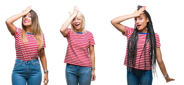 Collage Giovani Donne Che Indossano Strisce Shirt Sfondo Isolato Sorpreso — Foto Stock