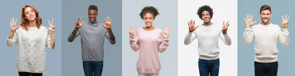 Collage Group African American Hispanic People Wearing Winter Sweater Vintage — Stock Photo, Image