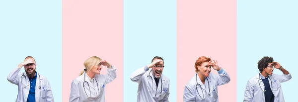 Collage Medici Professionisti Del Gruppo Che Indossano Uniforme Medica Sfondo — Foto Stock