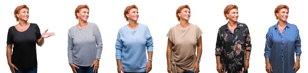 Collage Medelåldern Senior Kvinna Över Vita Isolerade Bakgrunden Tittar Bort — Stockfoto