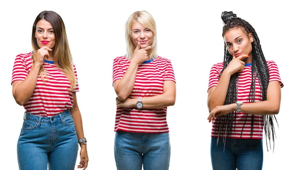 Colagem Mulheres Jovens Vestindo Listras Camiseta Sobre Fundo Isolado Olhando — Fotografia de Stock