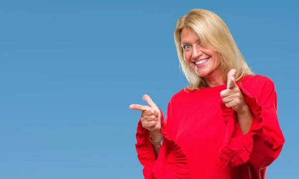 Middle Age Blonde Woman Isolated Background Pointing Fingers Camera Happy — Stock Photo, Image