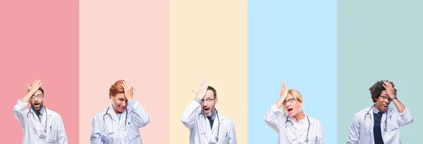 Collage Médicos Profesionales Sobre Rayas Colores Fondo Aislado Sorprendido Con —  Fotos de Stock