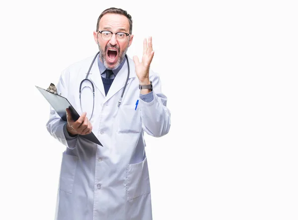 Middle Age Senior Hoary Doctor Man Holding Clipboard Isolated Background — Stock Photo, Image