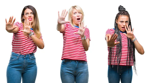 Collage Van Jonge Vrouwen Dragen Strepen Shirt Geïsoleerde Achtergrond Bang — Stockfoto