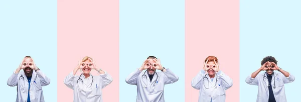 Collage Von Gruppenärzten Medizinischer Uniform Vor Isoliertem Hintergrund Die Okay — Stockfoto