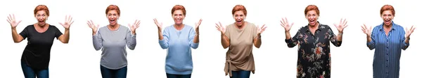 Collage Middle Age Senior Woman White Isolated Background Celebrating Crazy — Stock Photo, Image