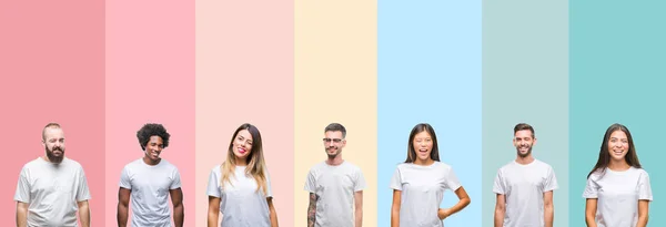 Collage Aus Verschiedenen Ethnien Junge Menschen Weißem Shirt Vor Buntem — Stockfoto