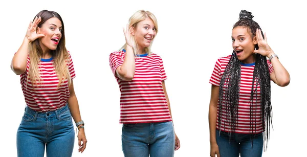 Colagem Mulheres Jovens Vestindo Listras Camiseta Sobre Fundo Isolado Sorrindo — Fotografia de Stock