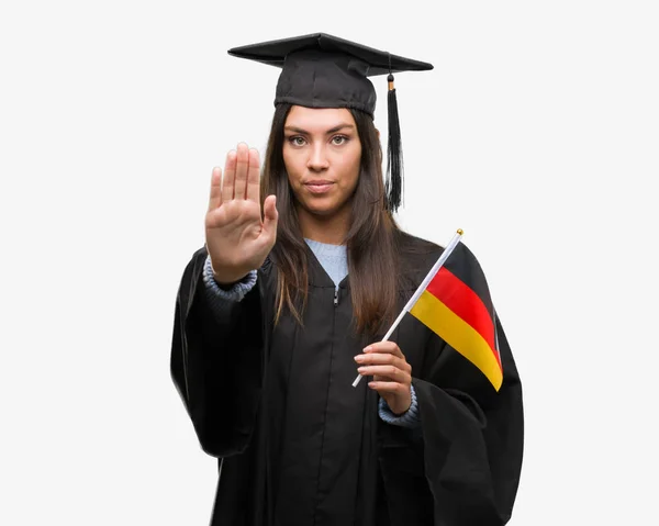 Mujer Hispana Joven Con Uniforme Graduado Sosteniendo Bandera Alemania Con —  Fotos de Stock