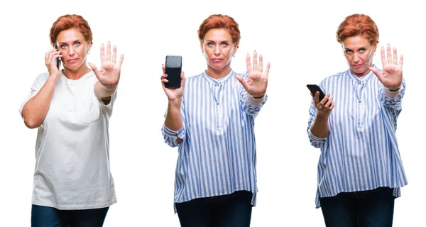 Colagem Mulher Idosa Meia Idade Usando Smartphone Sobre Fundo Isolado — Fotografia de Stock