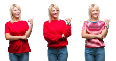 Kolaj bir seyir ve başparmak yanında yukarıyı mutlu yüz ile gülümseyen izole arka plan üzerinde rahat kırmızı giyen güzel sarışın kadın.