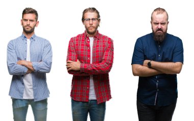 Kolaj Grup Genç üzerinde beyaz bir arka plan şüpheci ve çapraz kolları olan yüzündeki gergin, onaylamayan ifade izole. Negatif kişi.