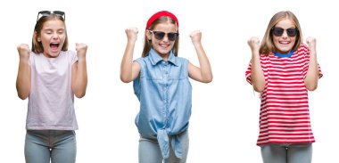 Genç kız çocuk izole arka plan kutlama üzerinde güneş gözlüğü takıyor kolaj şaşırttı ve silah ile başarı için yükseltilmiş ve açık gözler hayrete düşürdü. Kazanan kavramı.