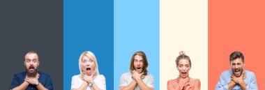 Kolaj izole renkli çizgiler üzerinde rahat gençlerin arka plan bağırarak ve çünkü boğmak acı kendi ellerimle öldürürüm. Sağlık sorunu. Yaralarından ve intihar kavramı.