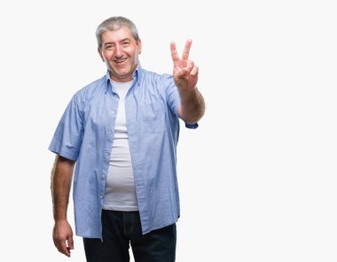 Mutlu yüz zafer işareti yaparken kameraya göz kırpıyor ile gülümseyen izole arka plan üzerinde yakışıklı komuta sizde. İki numaralı.