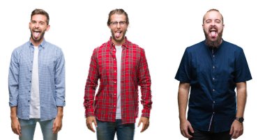 Kolaj bir grup genç adam dilini beyaz izole arka plan üzerinde out komik ifade ile mutlu. Duygu kavramı.