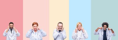 Yüksek sesle müzik gürültü rahatsız ifade parmaklarıyla kulaklarıyla kapsayan renkli çizgili izole arka plan üzerinde profesyonel doktorlar kolaj. Sağır kavramı.