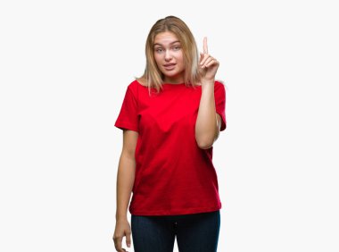 Başarılı fikirle parmağı yukarıyı izole arka plan üzerinde beyaz kadın. Çıktıktan ve mutlu. Bir numara.