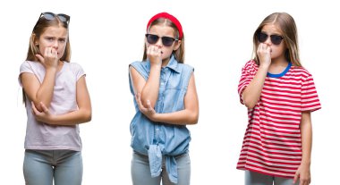 Genç kız çocuk stresli ve gergin ile izole arka plan üzerinde güneş gözlüğü takıyor kolaj tırnak ısırma dudaklarından eller. Anksiyete sorunu.