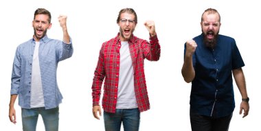 Kolaj bir grup beyaz izole arka plan öfkeli ve sinirli sinirli ve öfke ile bağırarak süre öfkeli yumruk yükselterek üzerinde genç adam. Öfke ve agresif kavramı.